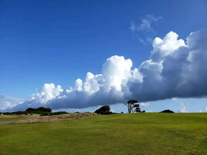 A links fairway rolling toward wind-shaped trees under towering coastal clouds.